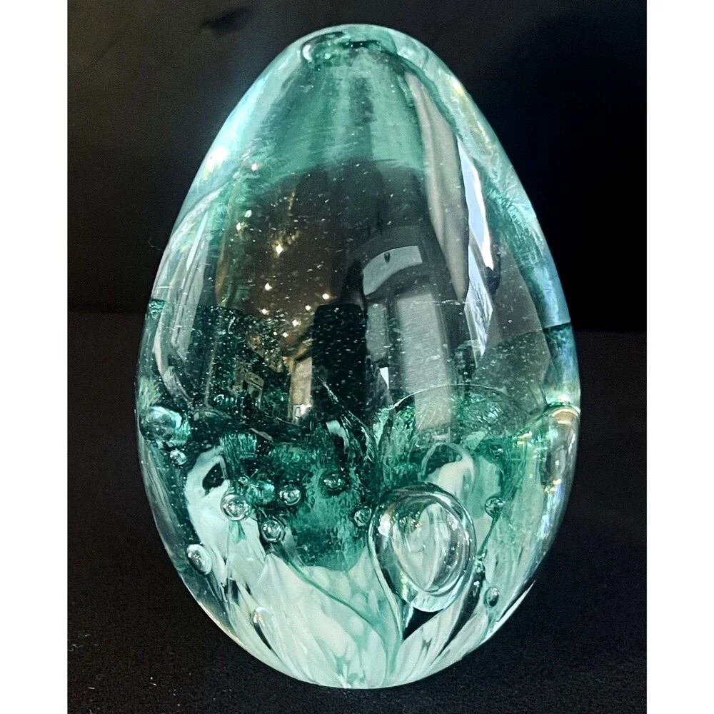 Egg Shaped Green Clear Bullicante Bubble Art Glass Paperweight Signed Vince 94